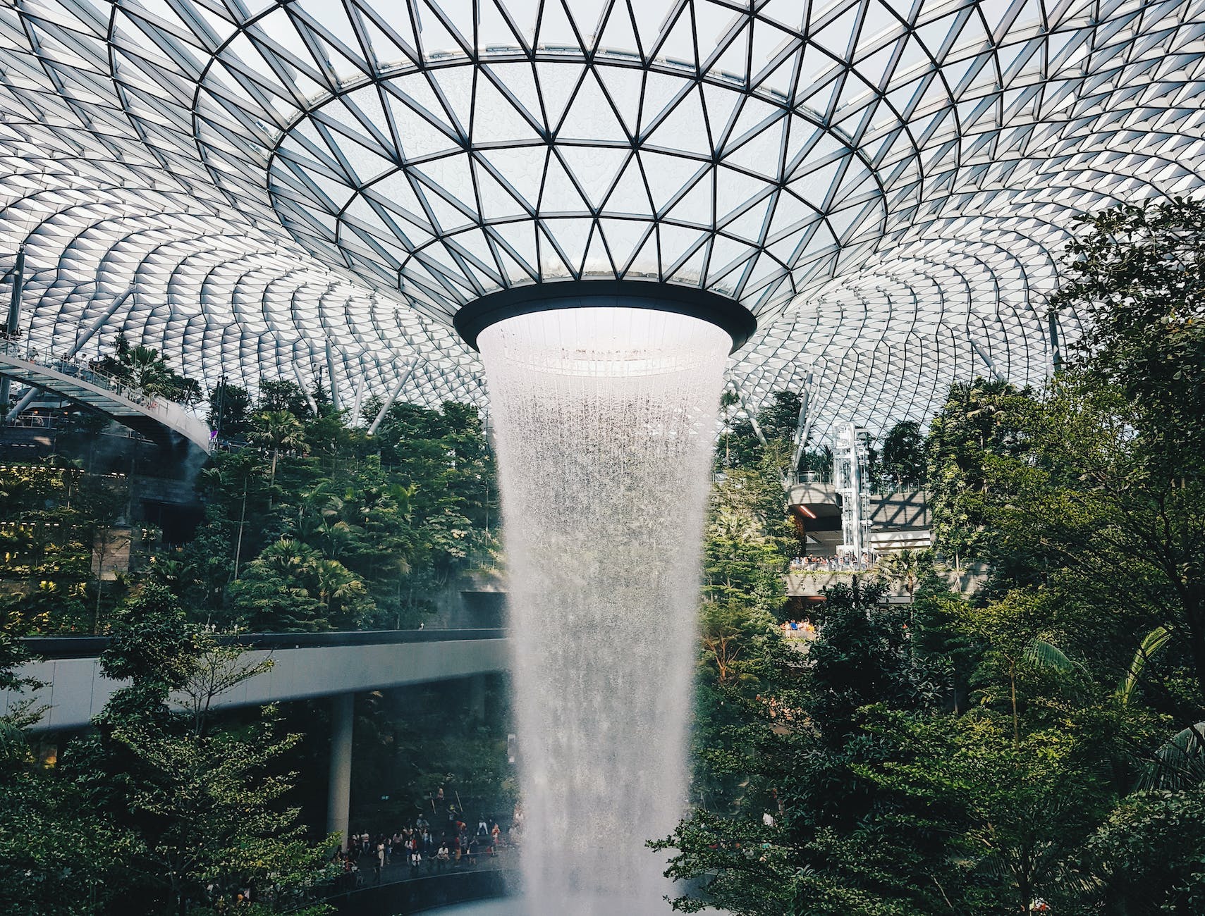 water falling from glass ceiling